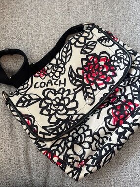 Coach Kyra Floral Nylon Crossbody Bag in White with Black & Red Accents
